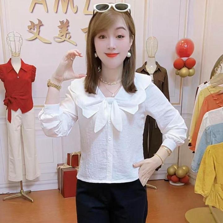 时尚长袖衬衫女2025秋季新款洋气质宽松显瘦蝴蝶领甜美小个子上衣
