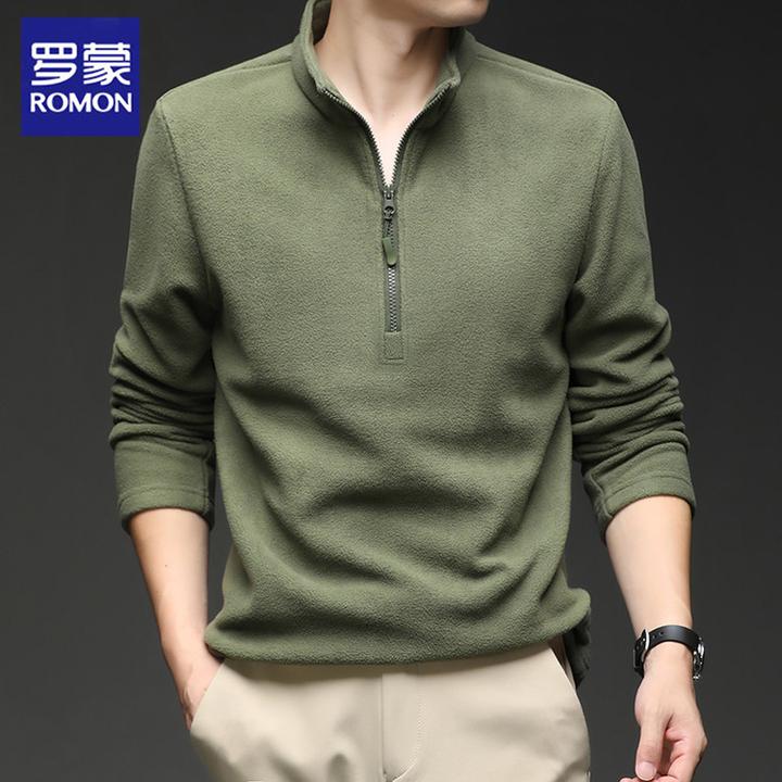 Romon/罗蒙秋冬纯色抓绒衣不缩水半拉链免烫奥粒绒卫衣立领男士