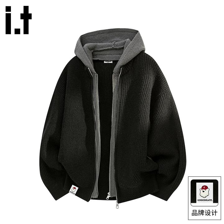 it: CHOCOOLATE假两件连帽开衫毛衣2025秋冬保暖加厚针织衫外套男