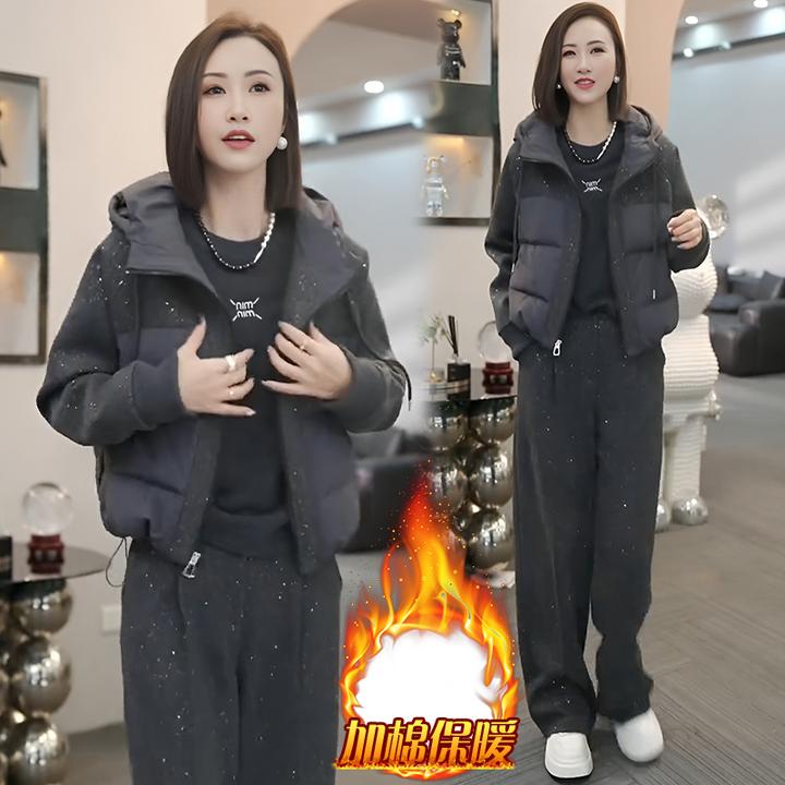 时尚轻奢连帽棉服外套套装女2024年冬季重工休闲百搭直筒裤两件套