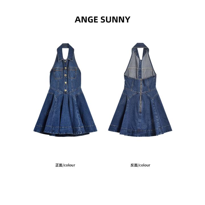 ANGE SUNNY【智秀同款 挂脖牛仔连衣裙】SP风格翻领露背收腰牛仔裙