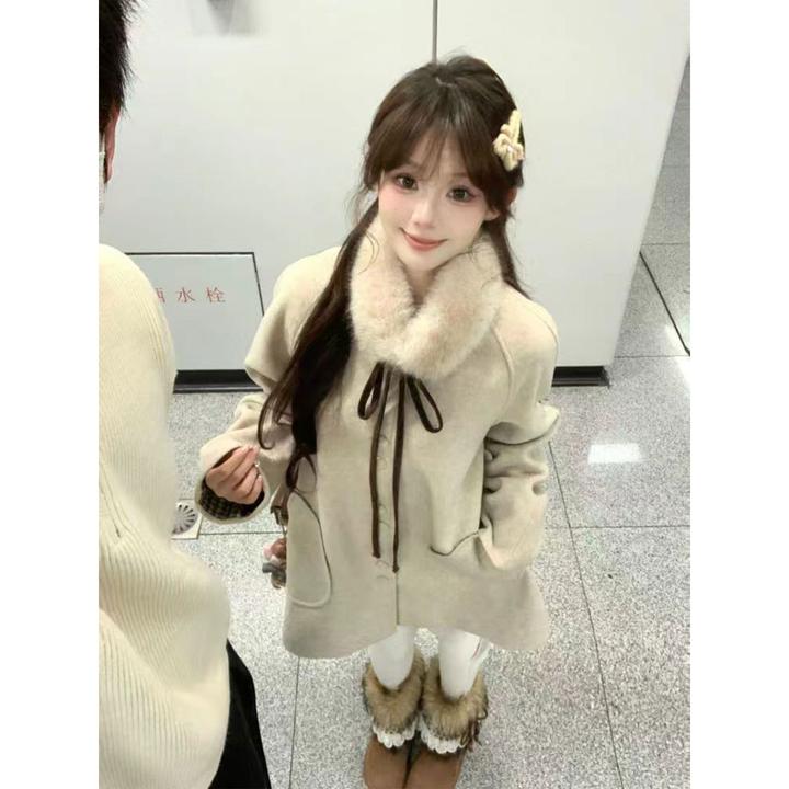 大衣女款爆款2025新款H2AN1 STUDIO蝴蝶结毛领毛呢格子外套秋冬季