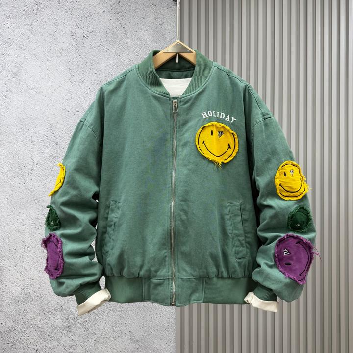 2025冬季潮牌情侣笑脸刺绣短款宽松棒球领50白鸭绒休闲外套羽绒服