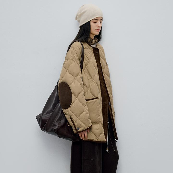 半圆女装[文艺]2025秋冬宽松圆领葫芦绗缝拼色羽绒服女D5961996