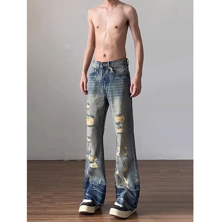 复古水洗蓝破洞牛仔裤男款春夏季美式高街vibe裤子修身直筒微喇裤