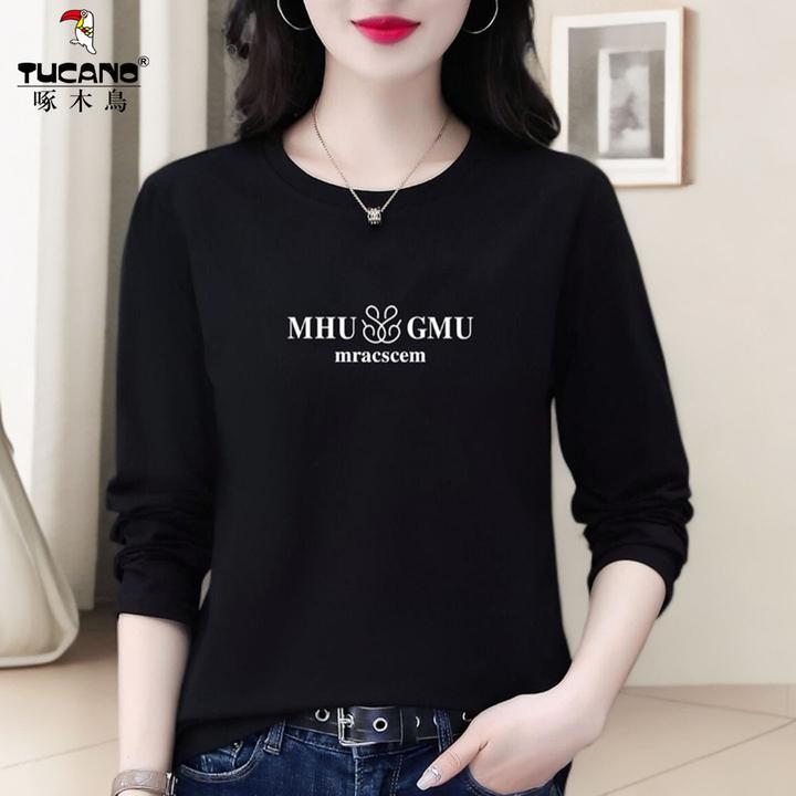 啄木鸟纯棉长袖T恤女薄款2025新款中年妈妈春秋季大码圆领打底衫