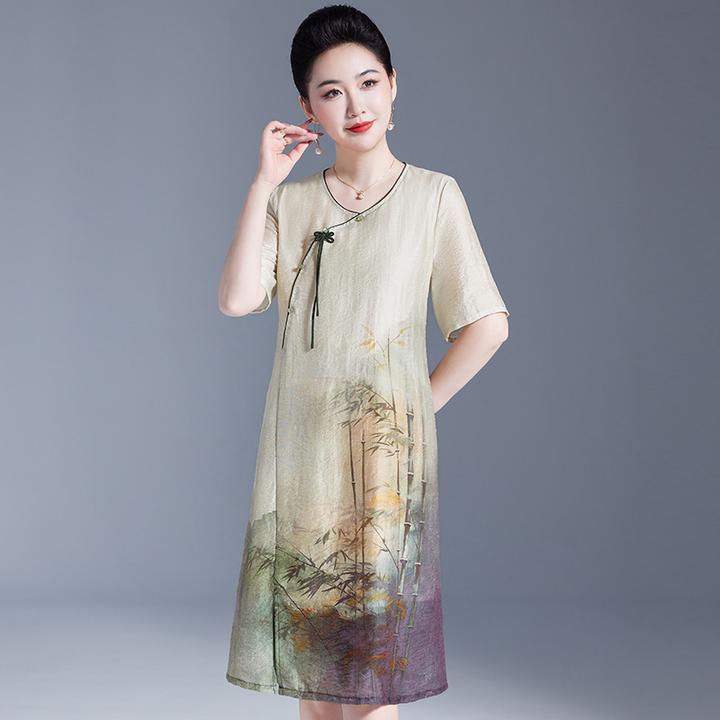 仿真丝连衣裙新中式中老年妈妈夏装网纱袖宽松显瘦仿桑蚕丝裙子女