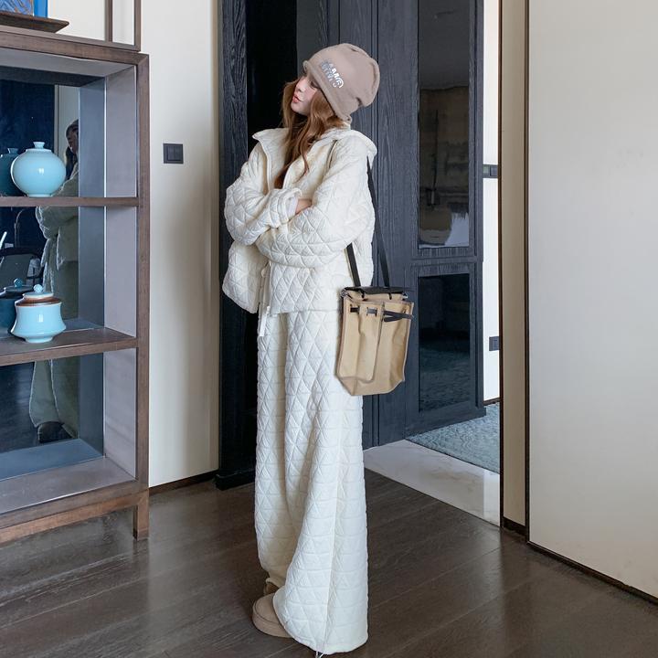 韩系氛围感一整套2025冬装新款米白色巨好看小个子加厚棉服两件套
