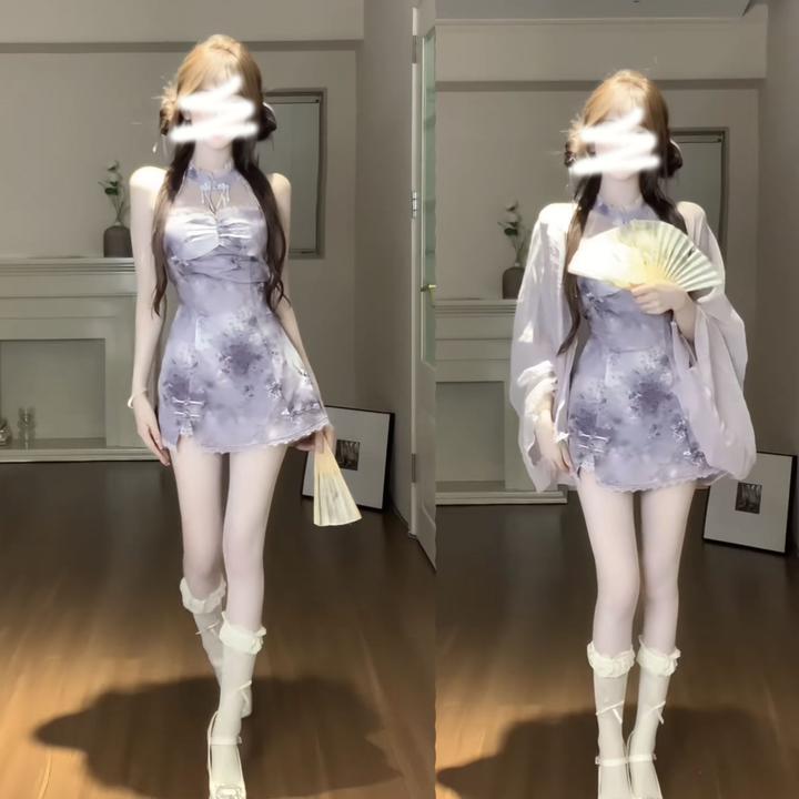 国风新中式小个子套装裙女紫色吊带裙+开衫两件套2025新款