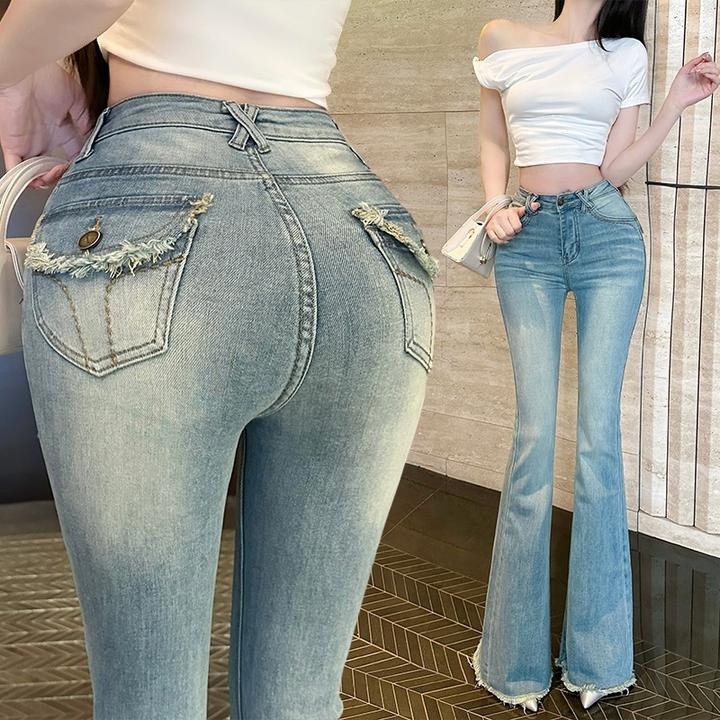 春款上新百搭显瘦气质浅色喇叭裤高腰显瘦微喇牛仔裤女