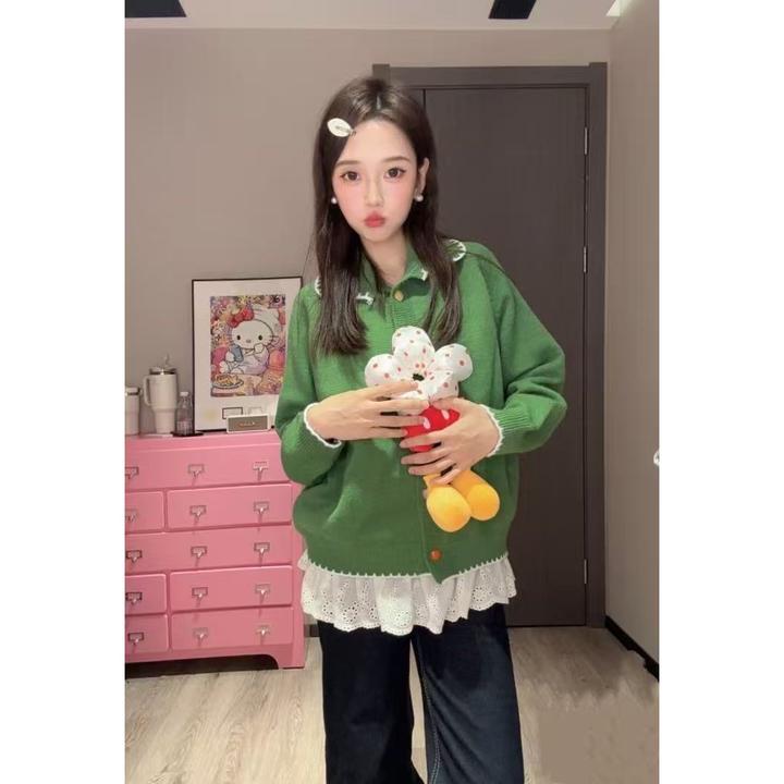 韩版慵懒风翻领短款毛衣开衫春秋款设计感纽扣小众气质针织衫外穿