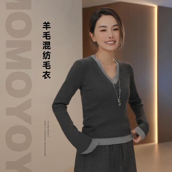 【深浅灰】拼色假两件针织毛衣女秋冬新款V领上衣8552DM