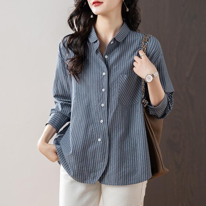 复古时尚条纹长袖衬衫女士春季新款百搭宽松休闲衬衣洋气外穿上衣
