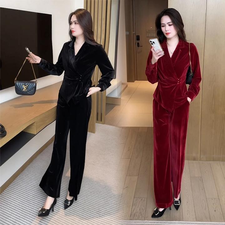 春季新款西装领时尚穿搭气质收腰显瘦丝绒套装春秋长袖洋气高腰