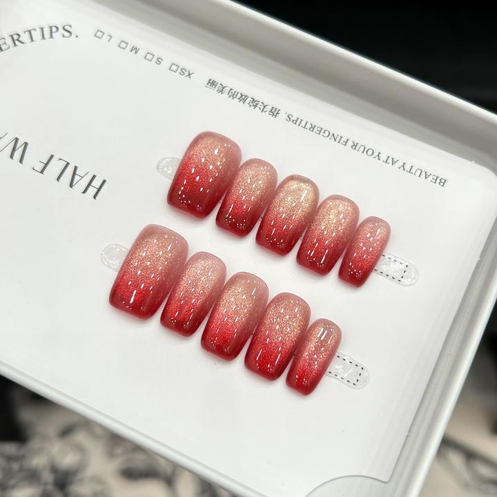 【冰透红提】蓝珊手工穿戴甲冰透感碎闪腮红酒渍红茶纯欲显白猫眼