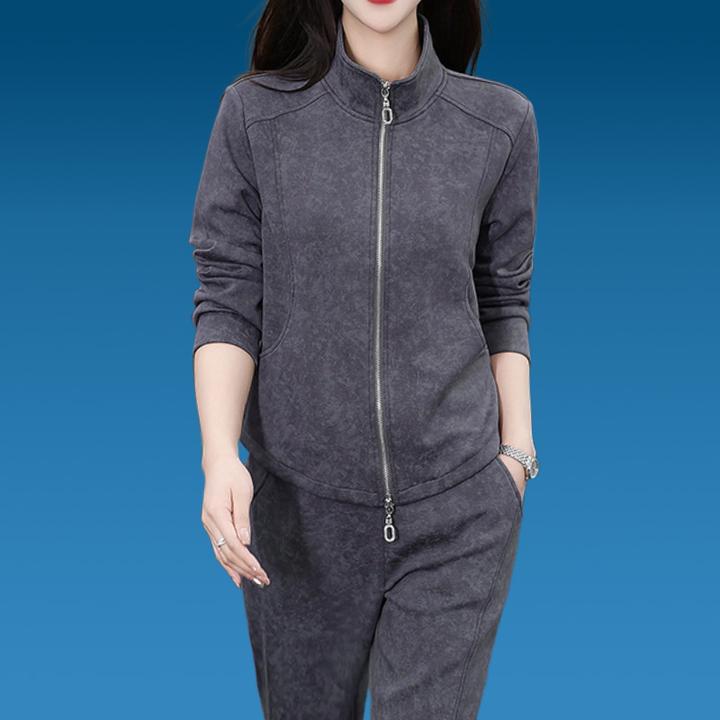 灰色港风时髦中老年运动套装女春秋季百搭洋气立领好看的跑步服OL