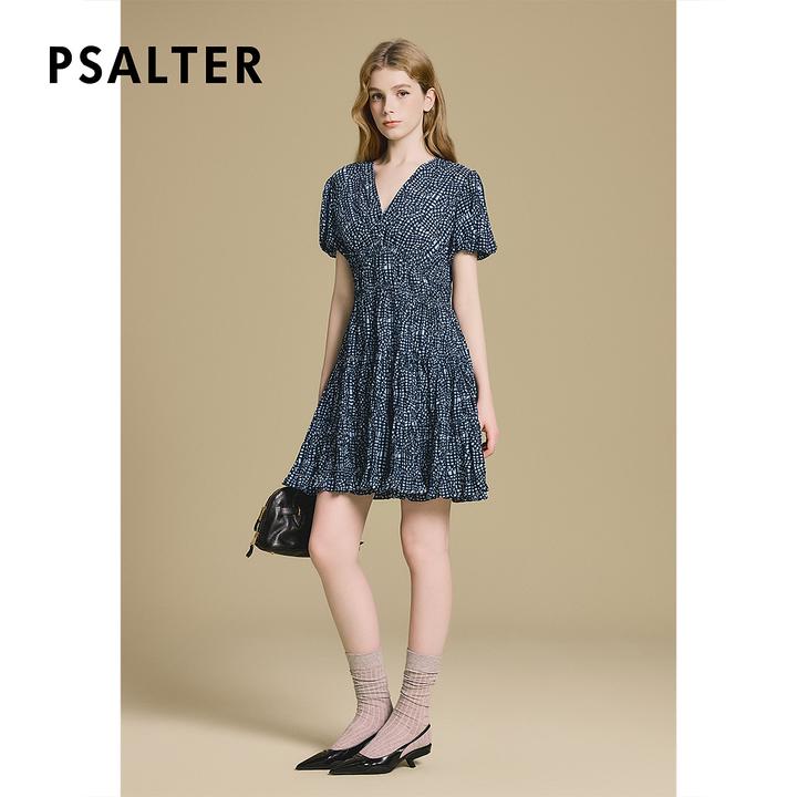 【蓝调时刻】诗篇专选几何印花V领鎏金压褶连衣裙2025秋季新款