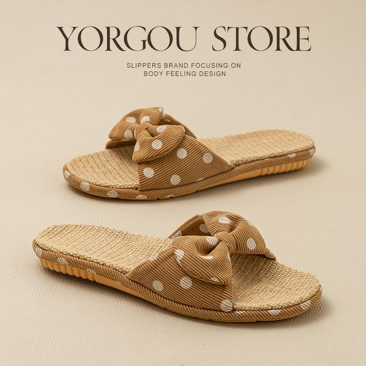 远港蝴蝶结亚麻拖鞋女夏季居家用吸汗防臭抗菌男室内防滑地板春秋