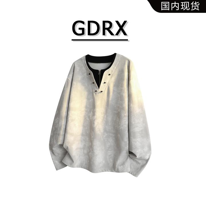 GDRX美式高街假两件拉链长袖T恤秋冬新款痞帅设计师男装宽松卫衣