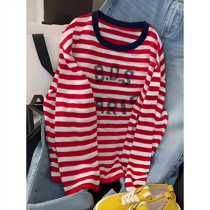 撞色条纹打底长袖防晒T恤女秋季2025年新款今年流行慵懒chic上衣