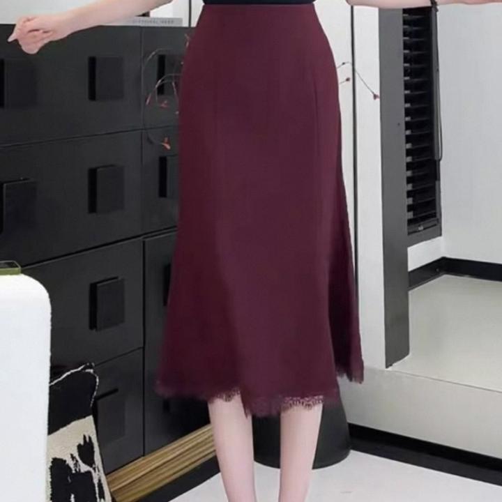 高腰气质半身裙女2025新款蕾丝边拼接长款松紧腰包臀鱼尾裙百搭