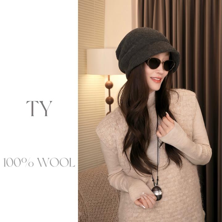 100%羊毛秋冬纯色短檐针织毛线帽时尚保暖百搭显脸小帽子女