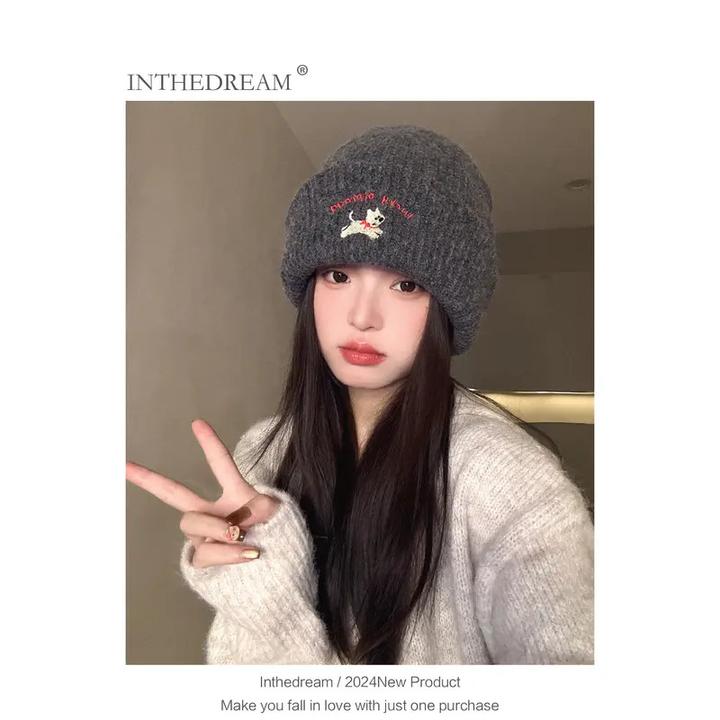可爱小狗刺绣针织帽女2025年秋冬季毛线帽显脸小大头围冷帽子白色