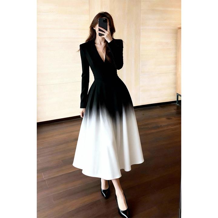 重要场合漂亮御姐感绝美巨显身材小香风收腰黑色晕染渐变连衣裙女