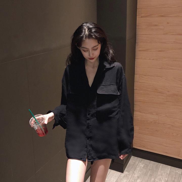 中长款黑色衬衫女春夏季薄款宽松慵懒风设计感小众上衣衬衣防晒衣