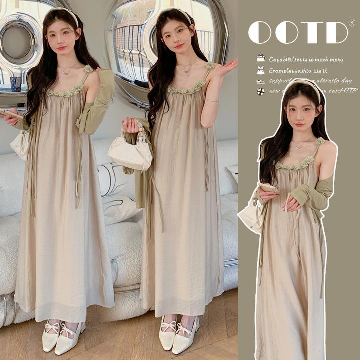 时髦孕妇套装2025夏季新款连衣裙时尚雪纺吊带裙夏季上衣两件套