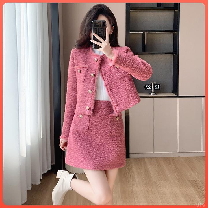 两件套女粉色甜美短裙女装毛茸茸时尚名媛名缕外套秋季小香风拼接