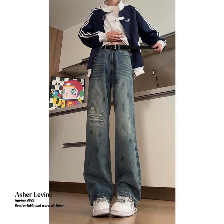 vibe废土风假破洞牛仔裤男款秋季美式潮牌宽松休闲直筒阔腿裤子男