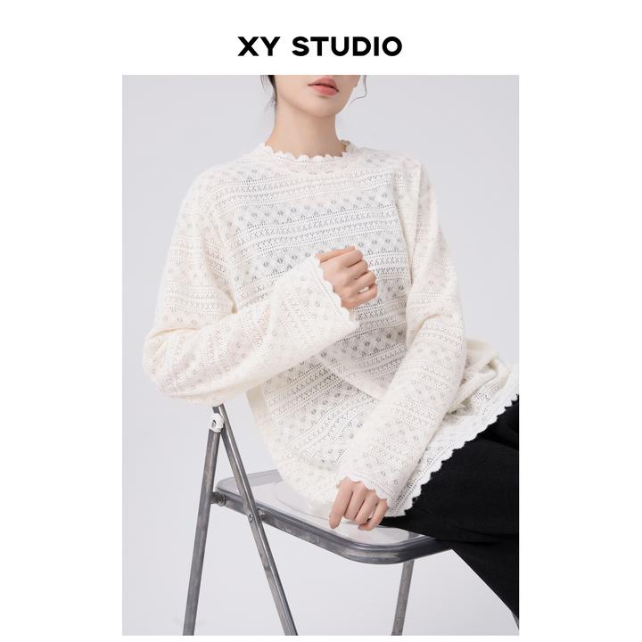 简约气质花边长袖蕾丝打底衫女2025新款宽松时尚百搭显瘦圆领上衣