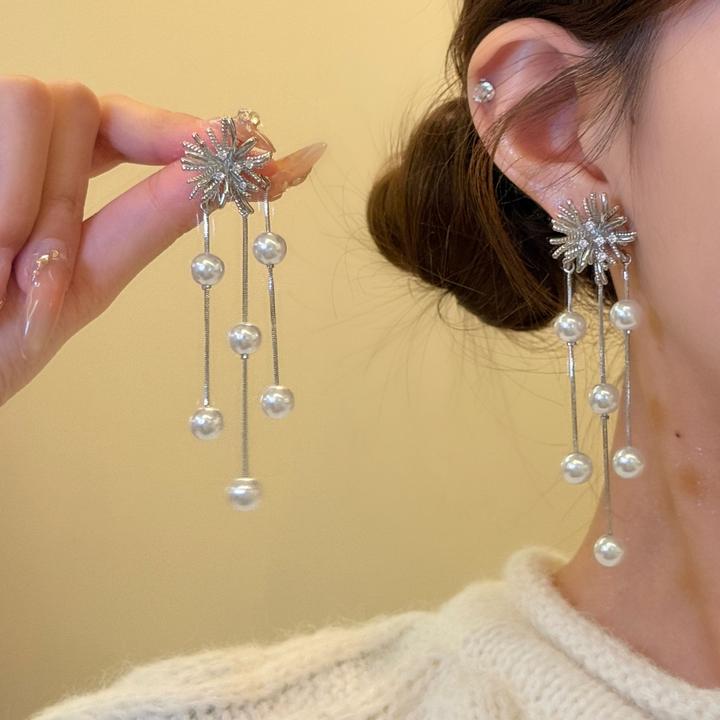 铜合金仿珍珠耳饰 初雪温柔~银色闪锆烟花流苏耳环轻奢贵气感耳饰