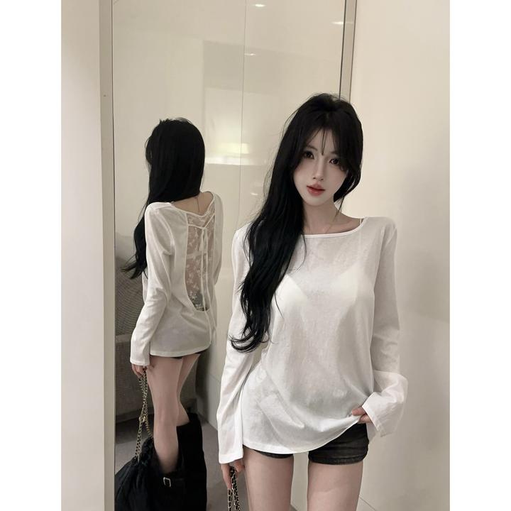 露背镂空蕾丝拼接T恤宽松显瘦外穿薄款透气空调罩衫清冷系衣服
