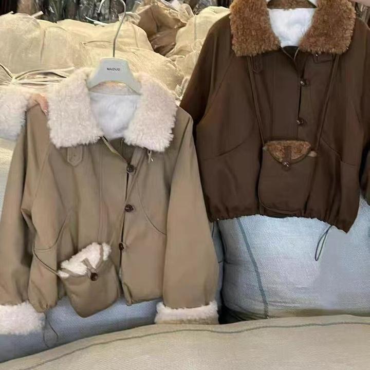 韩版加绒加厚卡其色冬季新款翻领长袖保暖常规款小个子宽松棉服