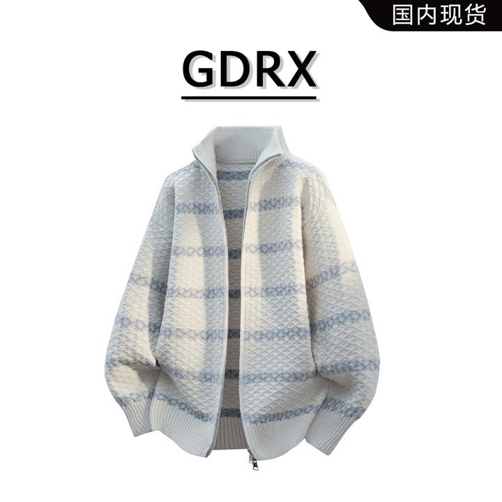 GDRX美式条纹针织开衫毛衣男秋冬潮流休闲外套轻奢痞帅男生衣服