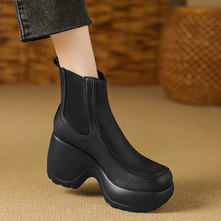 羊皮10cm增高小个子厚底切尔西短靴女单靴子秋冬真皮坡高跟马丁靴