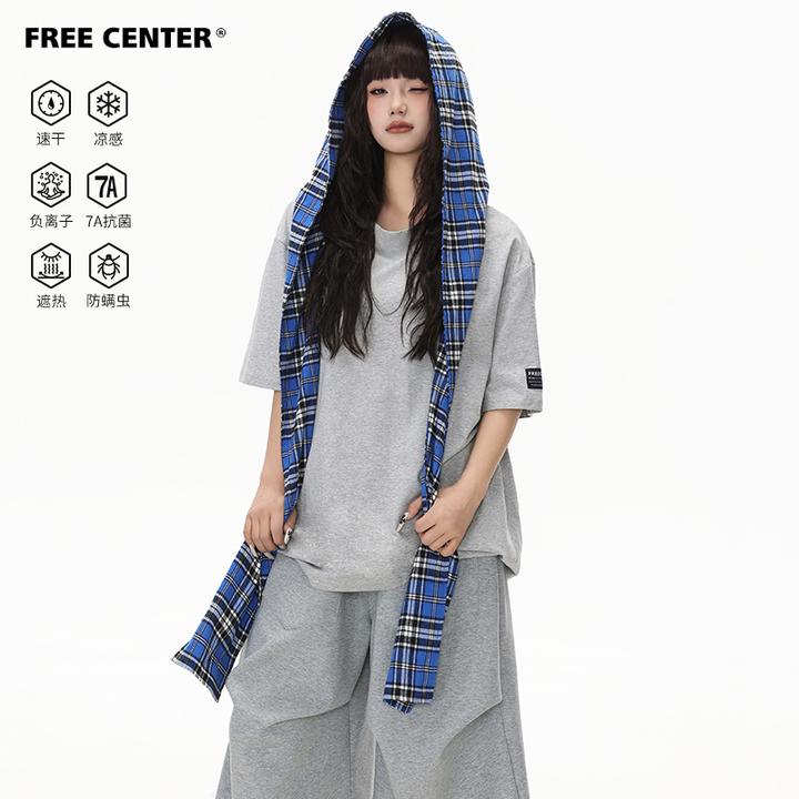 Free Center280g凉感7A抗菌级双层短袖T恤男女假两件格子连帽上衣