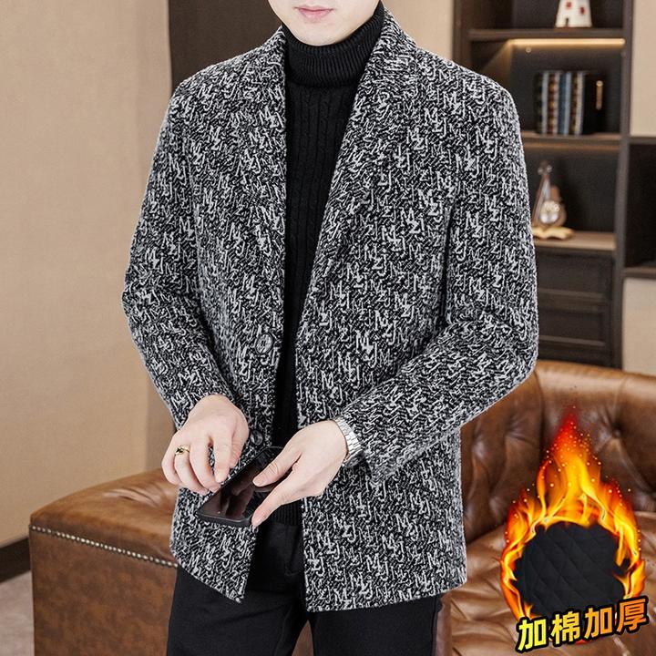 约文库费毛呢大衣商务休闲男士秋冬修身提花加棉厚款西装呢子外套