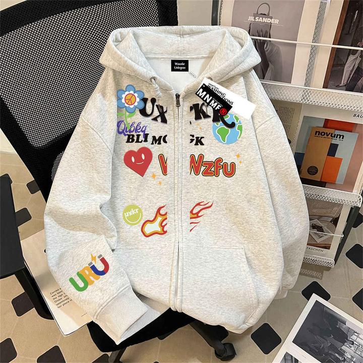 酷帅2025新款男女童秋冬卡通字母印花拉链连帽卫衣中大童韩版外套