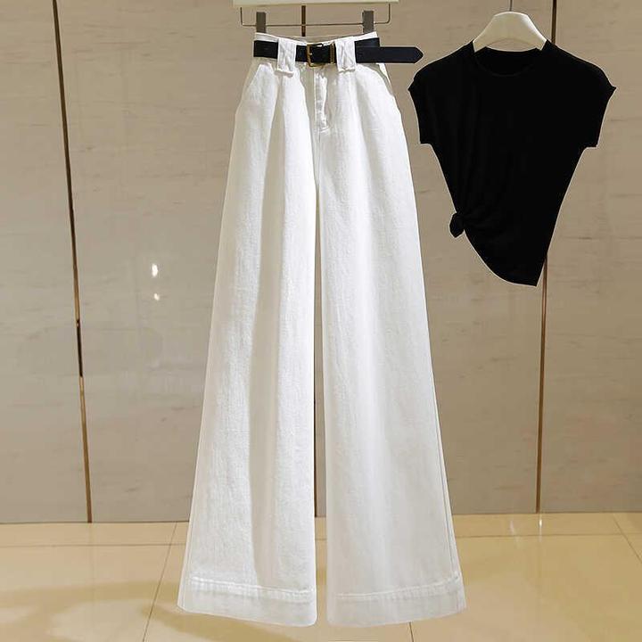 白色高腰阔腿牛仔裤女2024早秋新款美式垂感宽松显瘦直筒拖地裤子