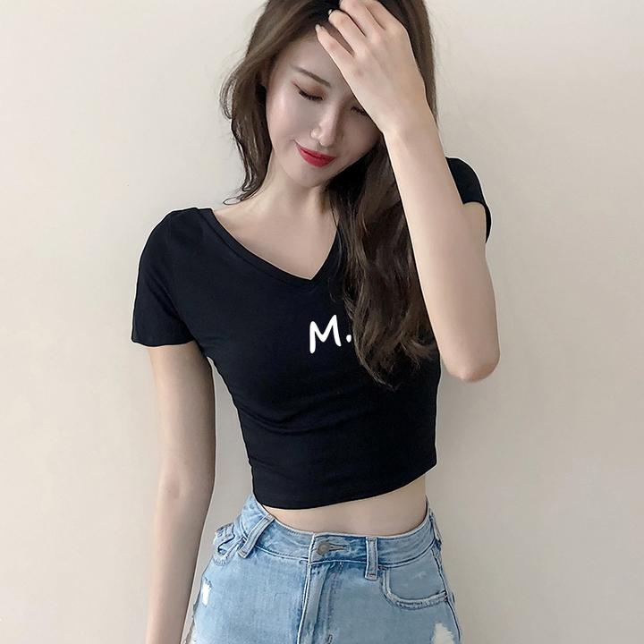 2025网红夏短袖t恤洋气衣服女V领高腰短款心机露脐纯欲甜美可爱风