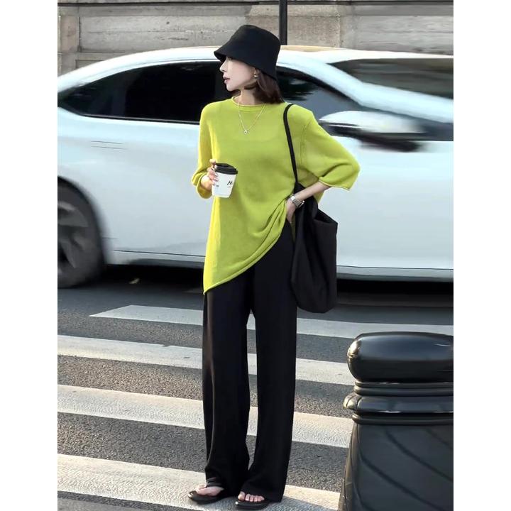 韩系慵懒高级感套装女2025新款宽松显瘦七分袖针织上衣休闲阔腿裤