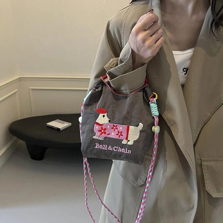 高圆圆同款柴犬刺绣单肩购物袋大容量尼龙环保斜挎包手提手机包LX