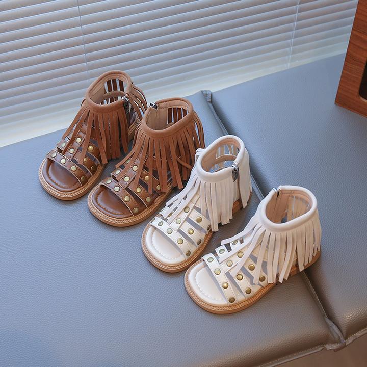 女童凉鞋2025夏季新款儿童民族风流苏罗马鞋小女孩中帮软底公主鞋