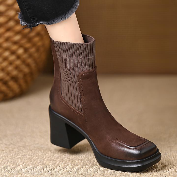 防水台高跟针织袜靴短筒弹力靴子7.5厘米羊皮复古磨砂粗跟短靴女