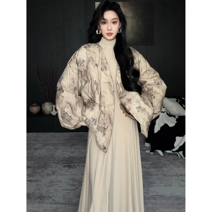 有洧Youwei【茶染褐羽绒服】古风印花立领秋冬设计感羽绒服25SS0762