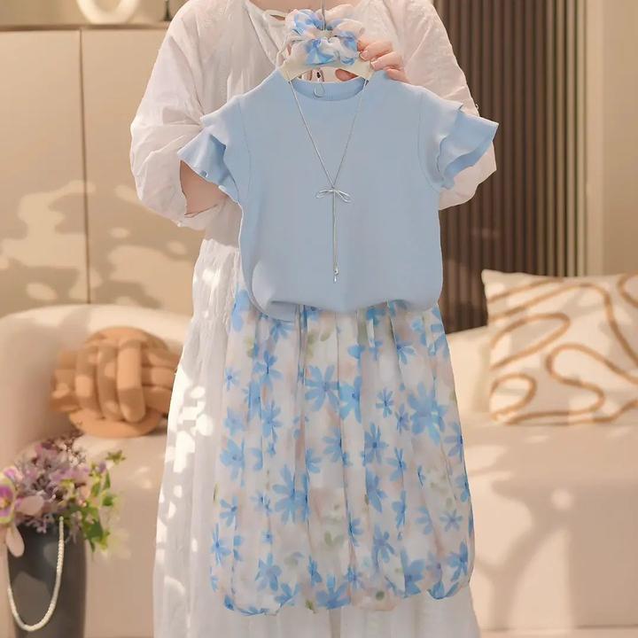 女童夏季飞飞袖T恤花苞裤两件套2025新款大童洋气女孩七分裤套装