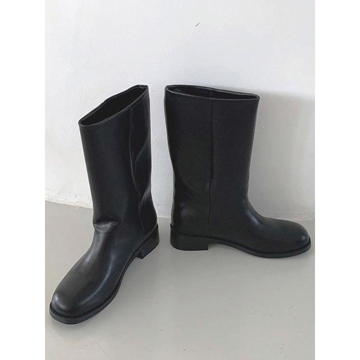 韩国东大门代购女鞋减龄宽松筒围显瘦百搭黑色粗跟套筒中筒靴加绒